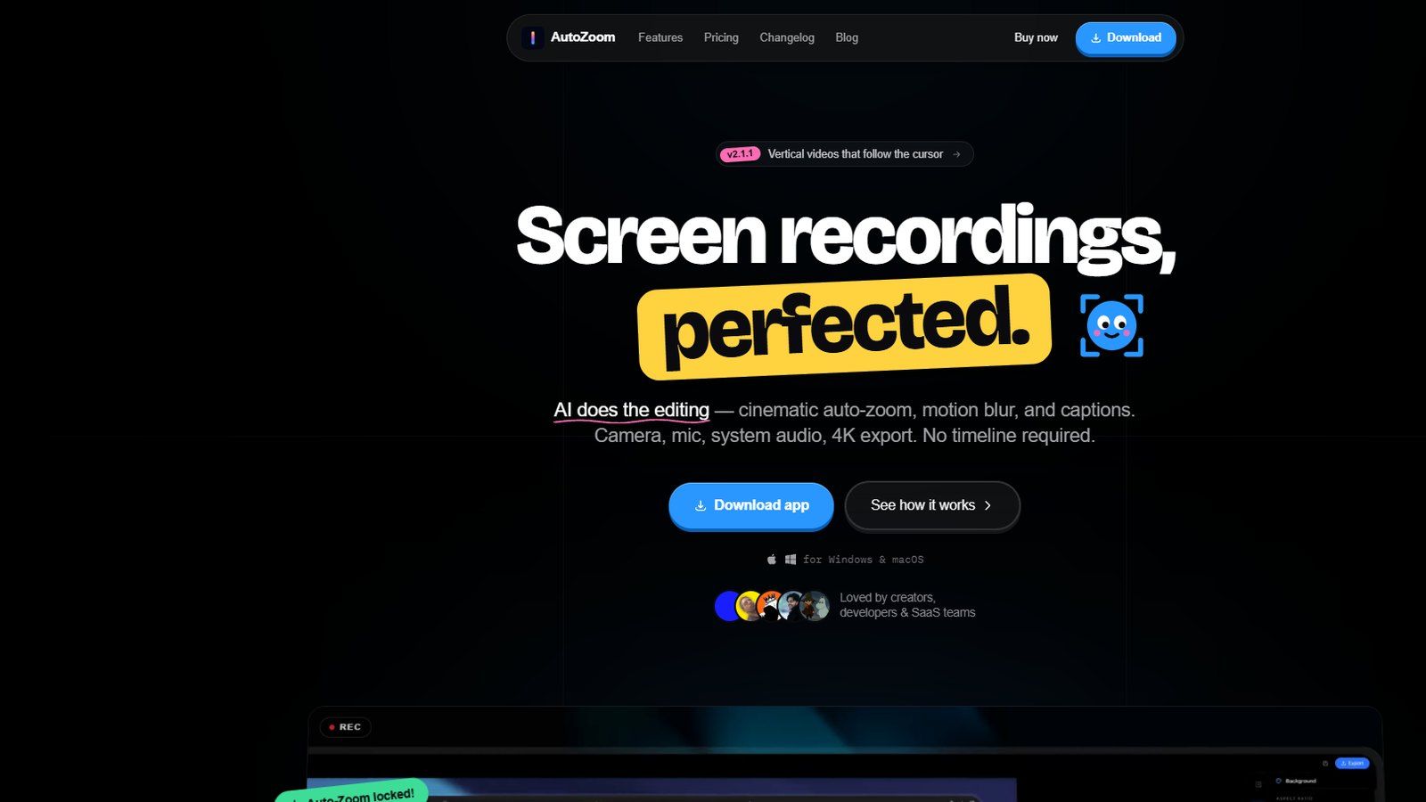 The AutoZoom site on a dark background, headed "Screen recordings, perfected", with a download button and a recording preview below.