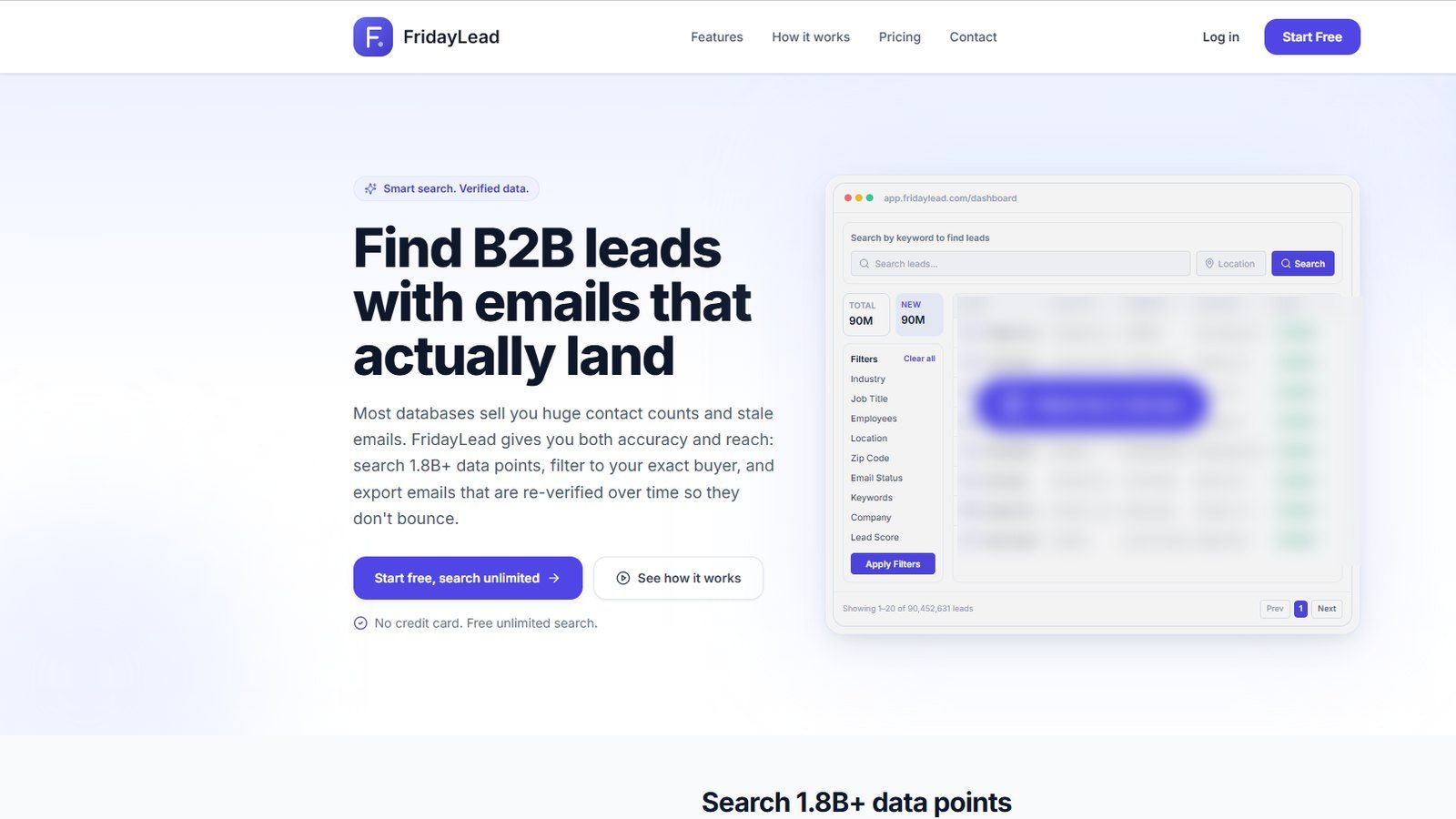 The FridayLead site, headed "Find B2B leads with emails that actually land", beside a screenshot of its lead search.