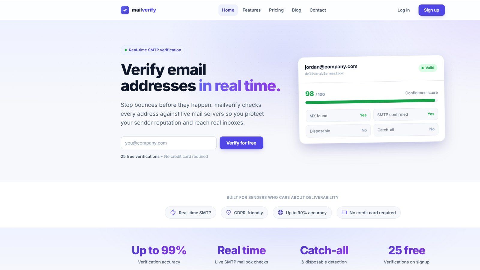 The mailverify site, headed "Verify email addresses in real time", beside a card showing a verification result.