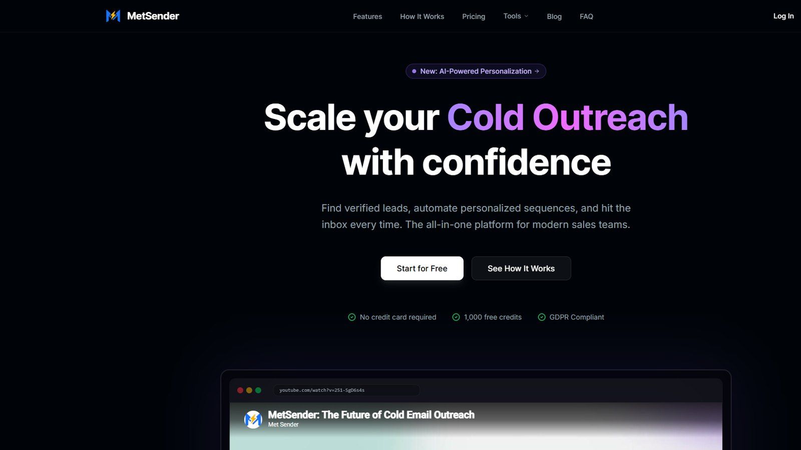 The MetSender site on a dark background, headed "Scale your cold outreach with confidence".