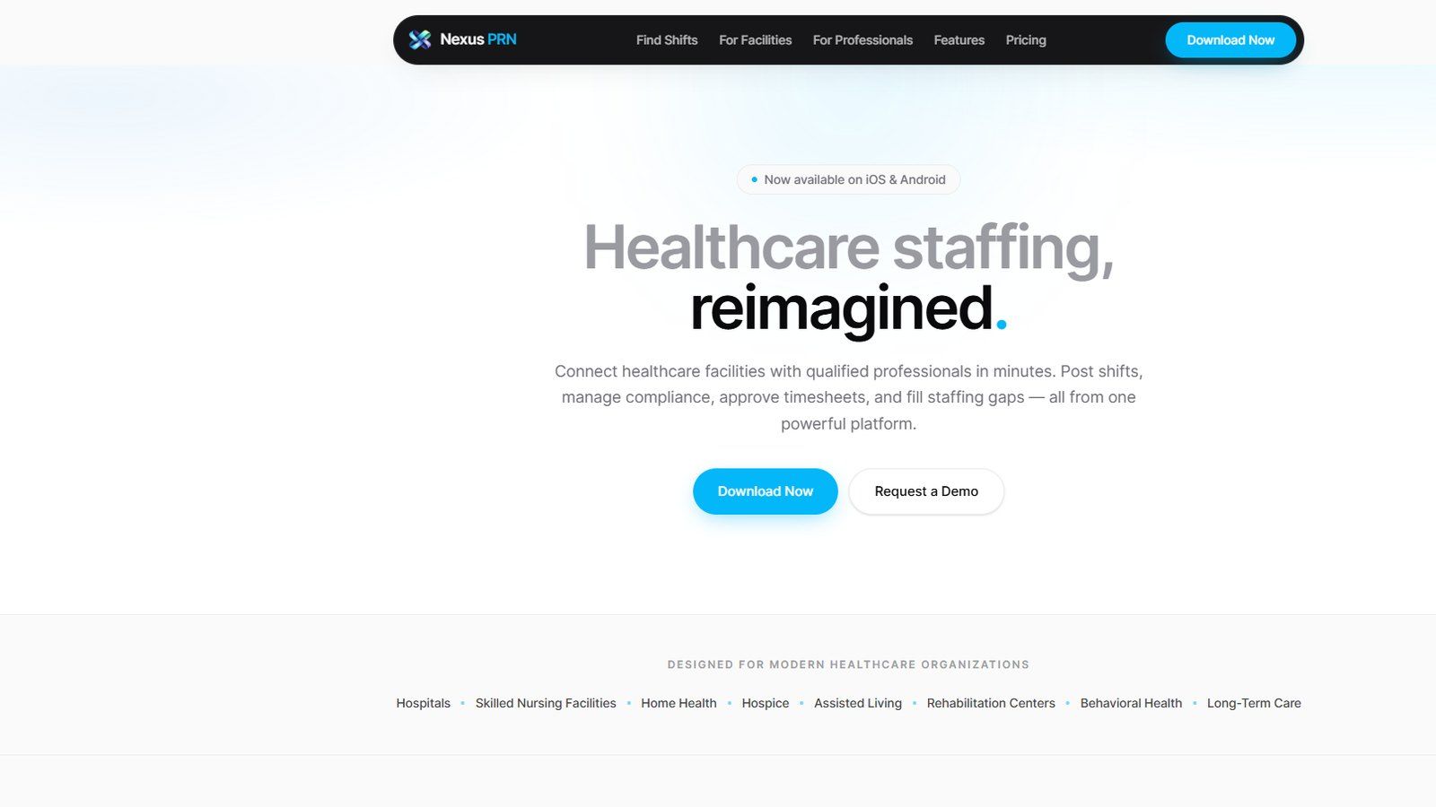 The Nexus PRN site, headed "Healthcare staffing, reimagined", with download and demo buttons.